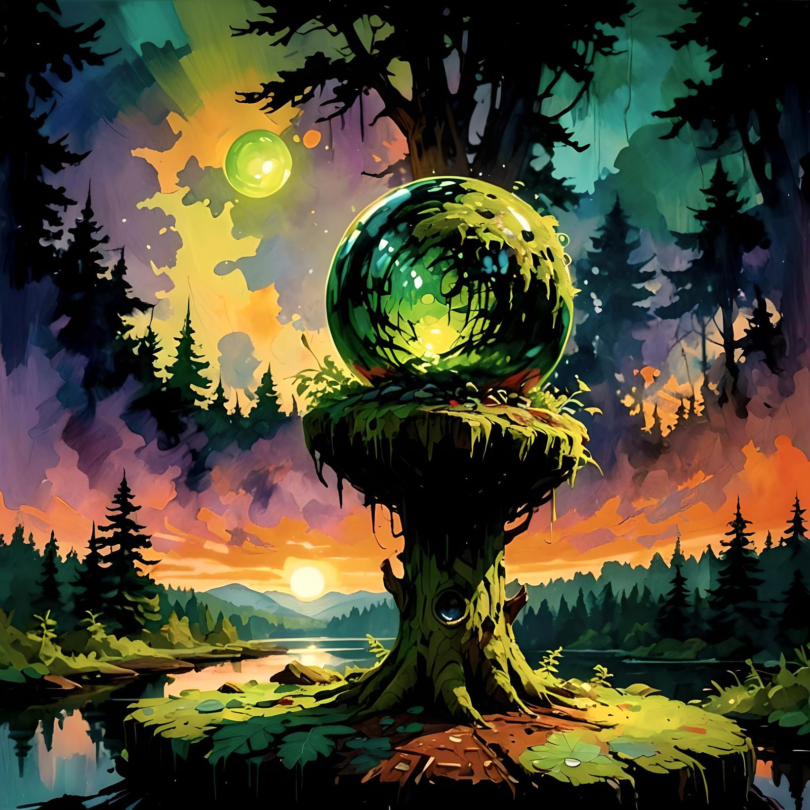 Glowing Orb in Forest, Impressionist Gouache Painting