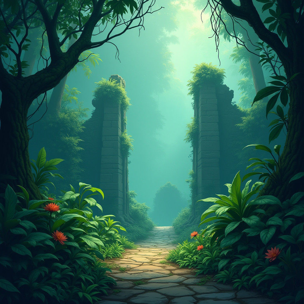 Fantasy Card Template: Jungle Ruins in Digital Art