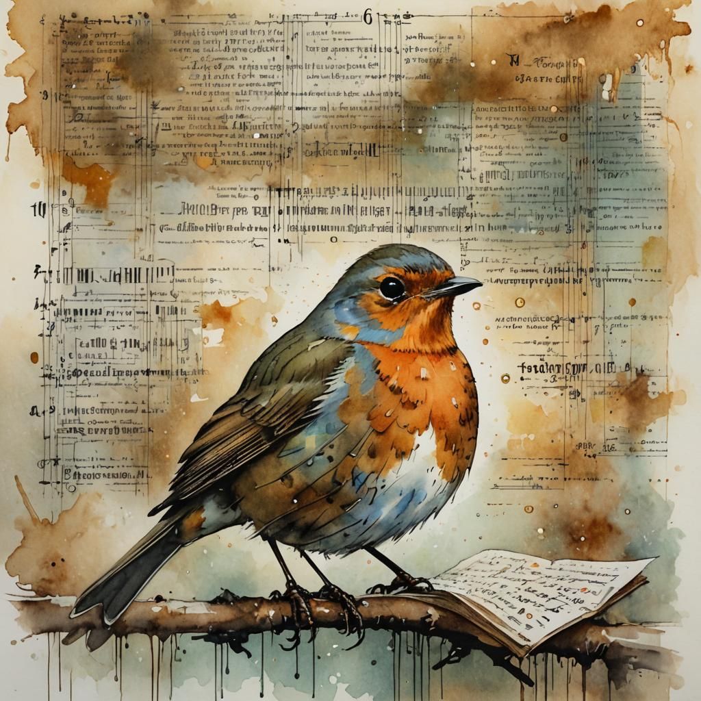 Robin on Ledger Page in Watercolor Wash Style