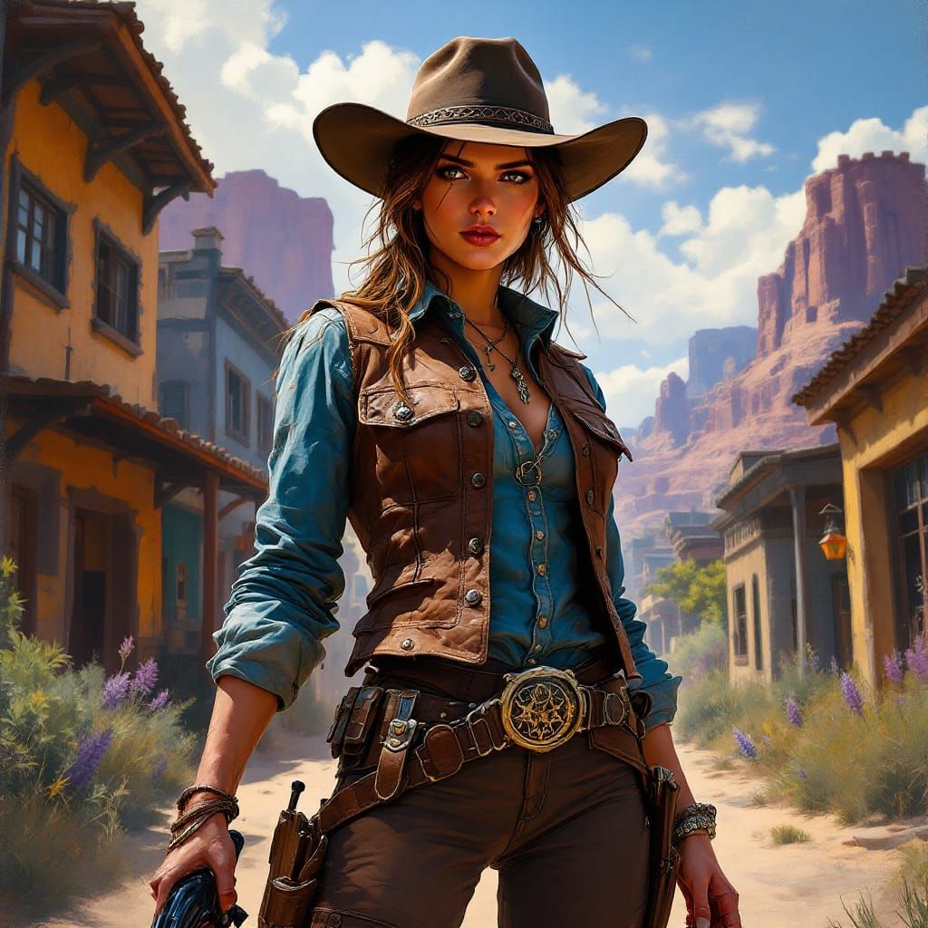 Gritty Wild West Gunslinger in Vibrant Oasis