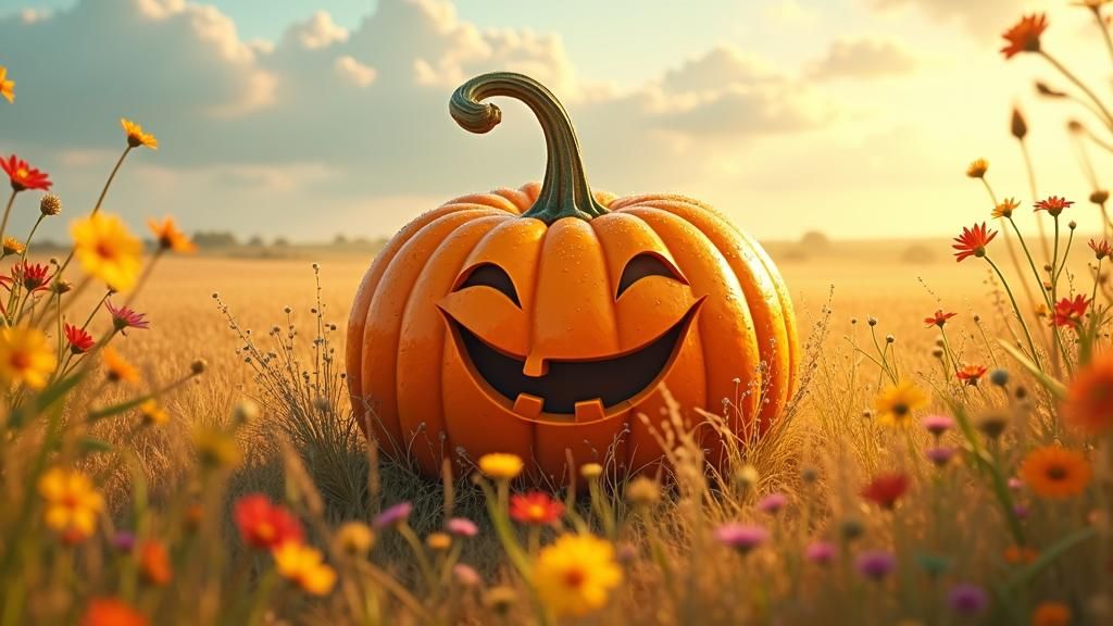 Giant Smiling Pumpkin in Wheat Field, Whimsical Art