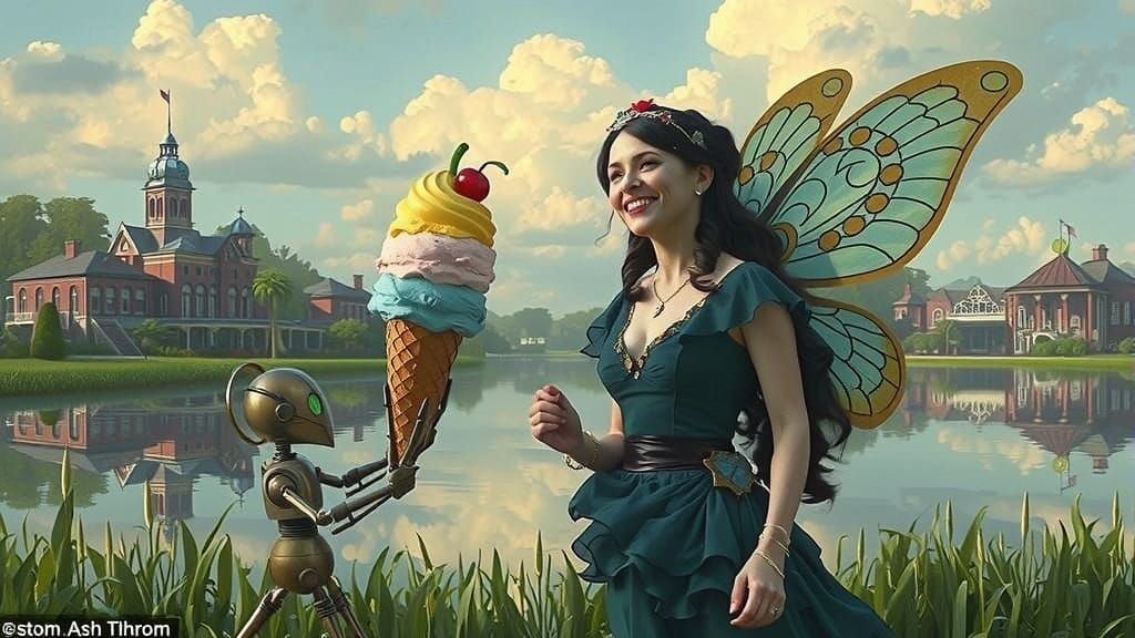Victorian Fairy and Robot with Ice Cream Cone