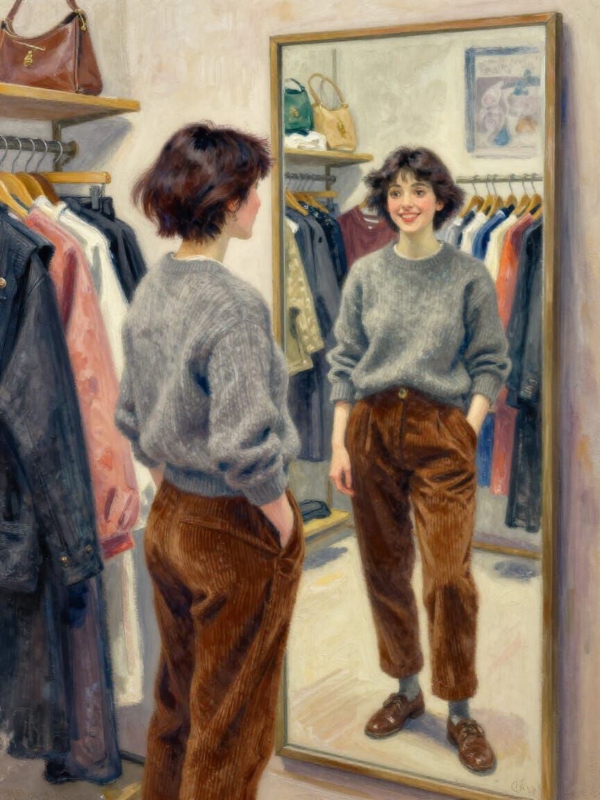Woman Smiling at Herself in Clothing Store Mirror