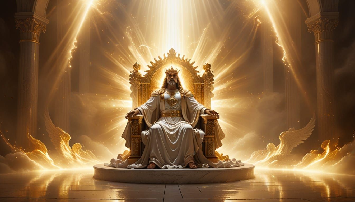 Naive image of God on a radiant white and golden throne, sur...