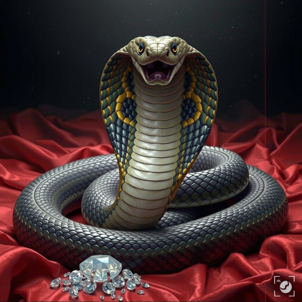 Majestic Cobra Coiled on Silk with Diamonds