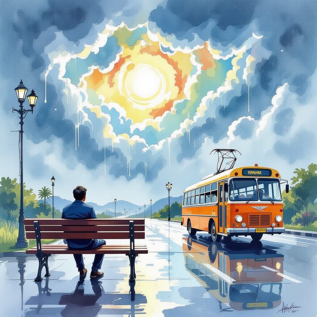 Surrealist Man on Bench Under Dali Clouds