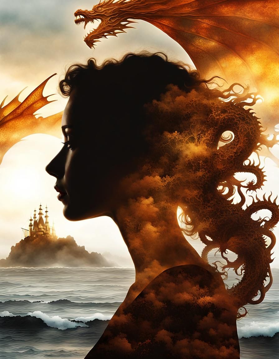 Woman and Dragon Silhouette in Double Exposure