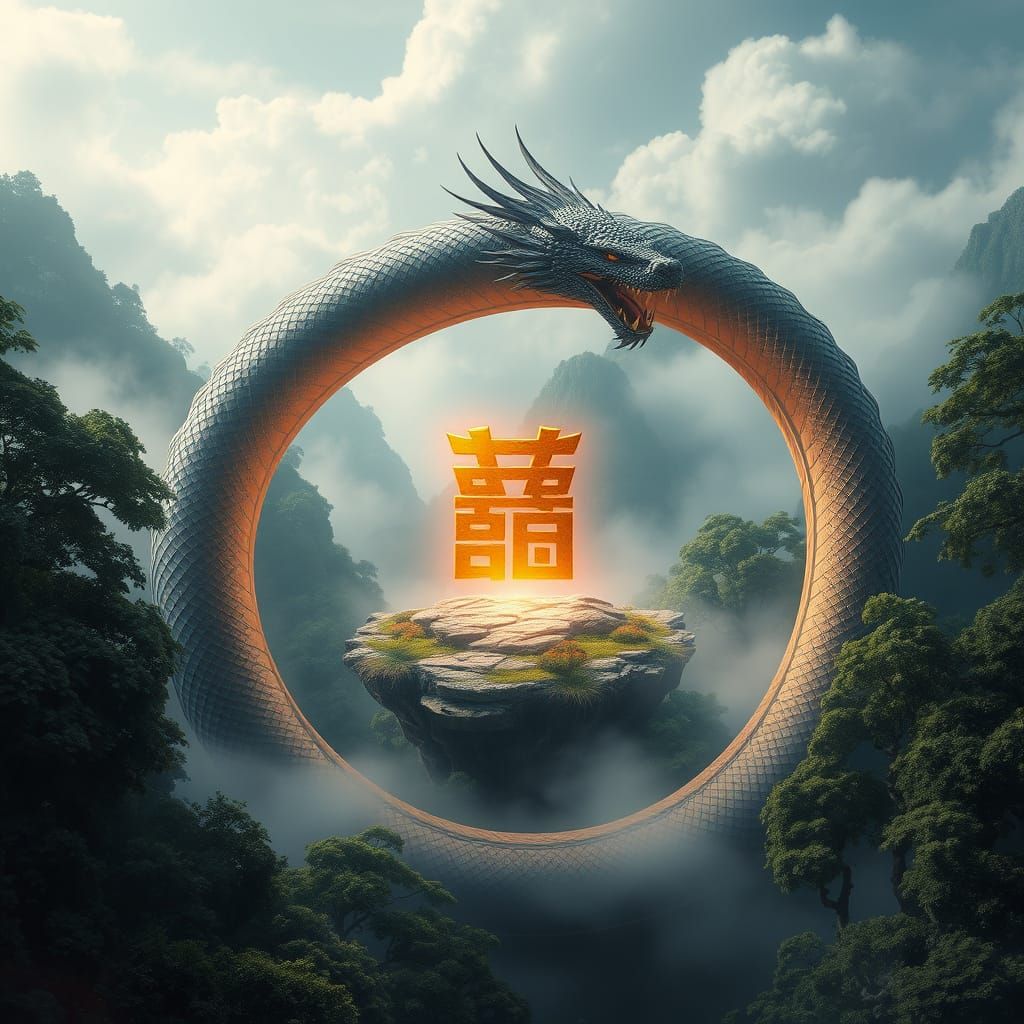 Mystical Serpent Entwines Lush Island with Ancient Symbol