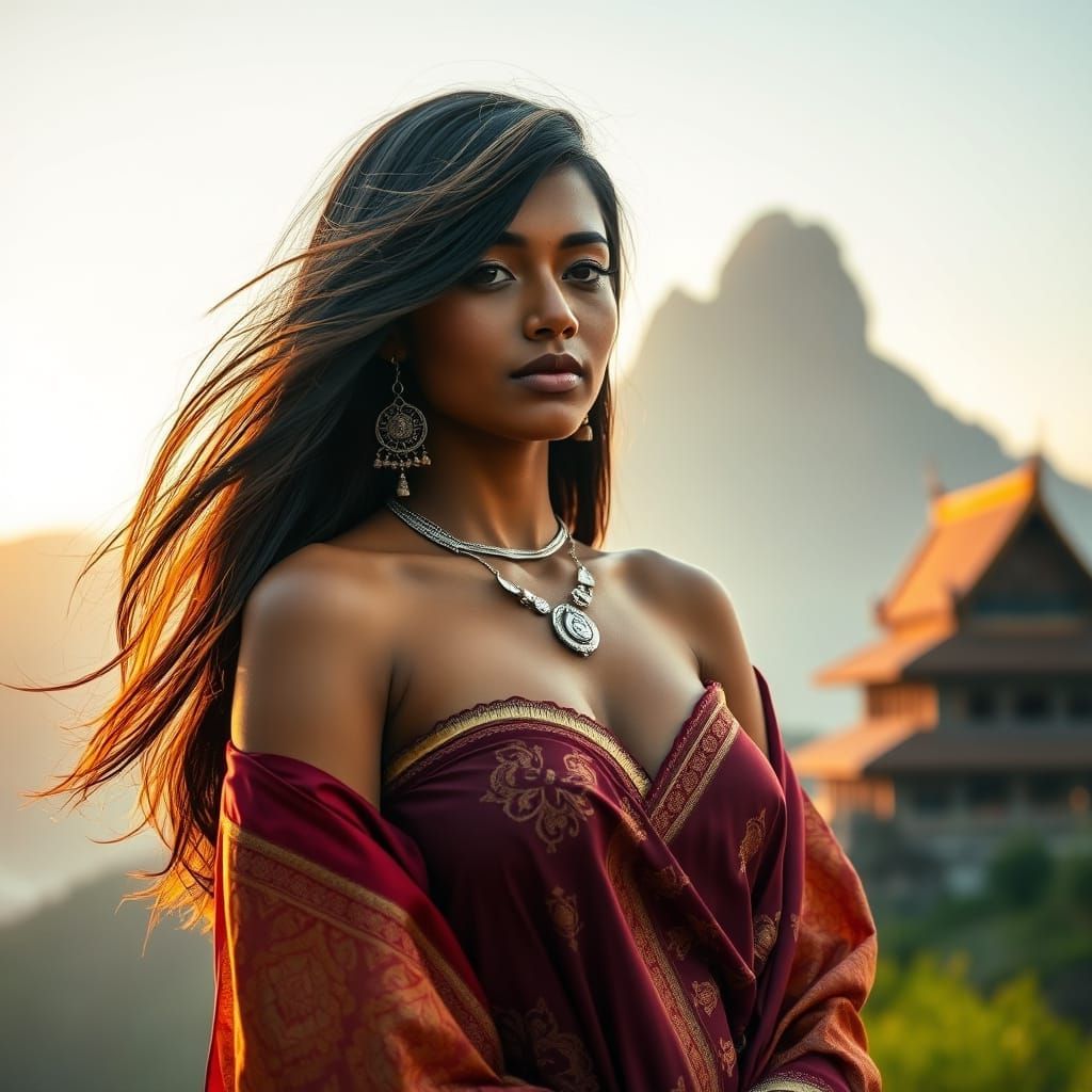 Sri Lankan Woman in Mountain Temple, Art Nouveau Style