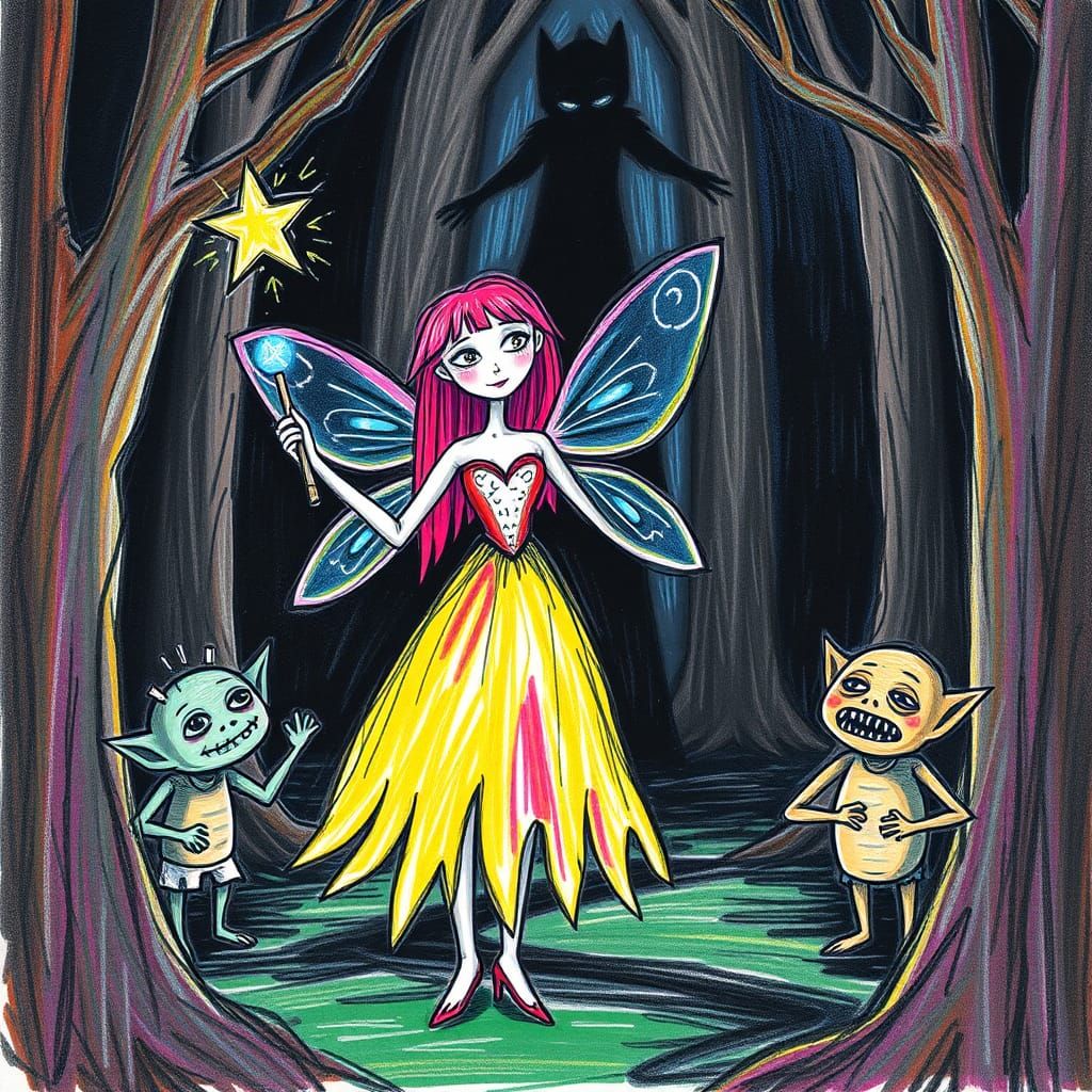 Whimsical Fairy Princess in Eerie Crayon Style