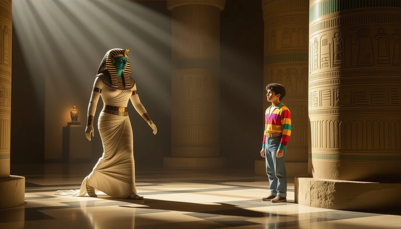 Mummy Approaches Man in 1980s Outfit in Museum