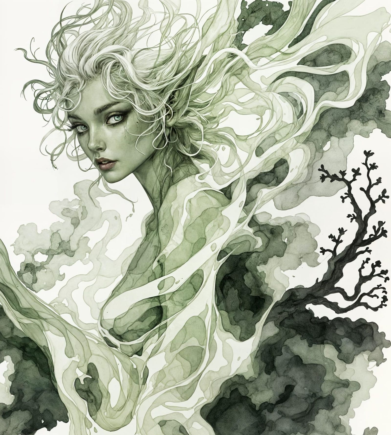 Ethereal Wood Elf Guardian in Ink Drawing Style