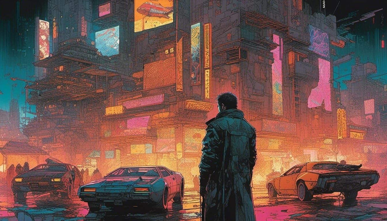 Neon Cyberpunk Cityscape in Watercolor Style