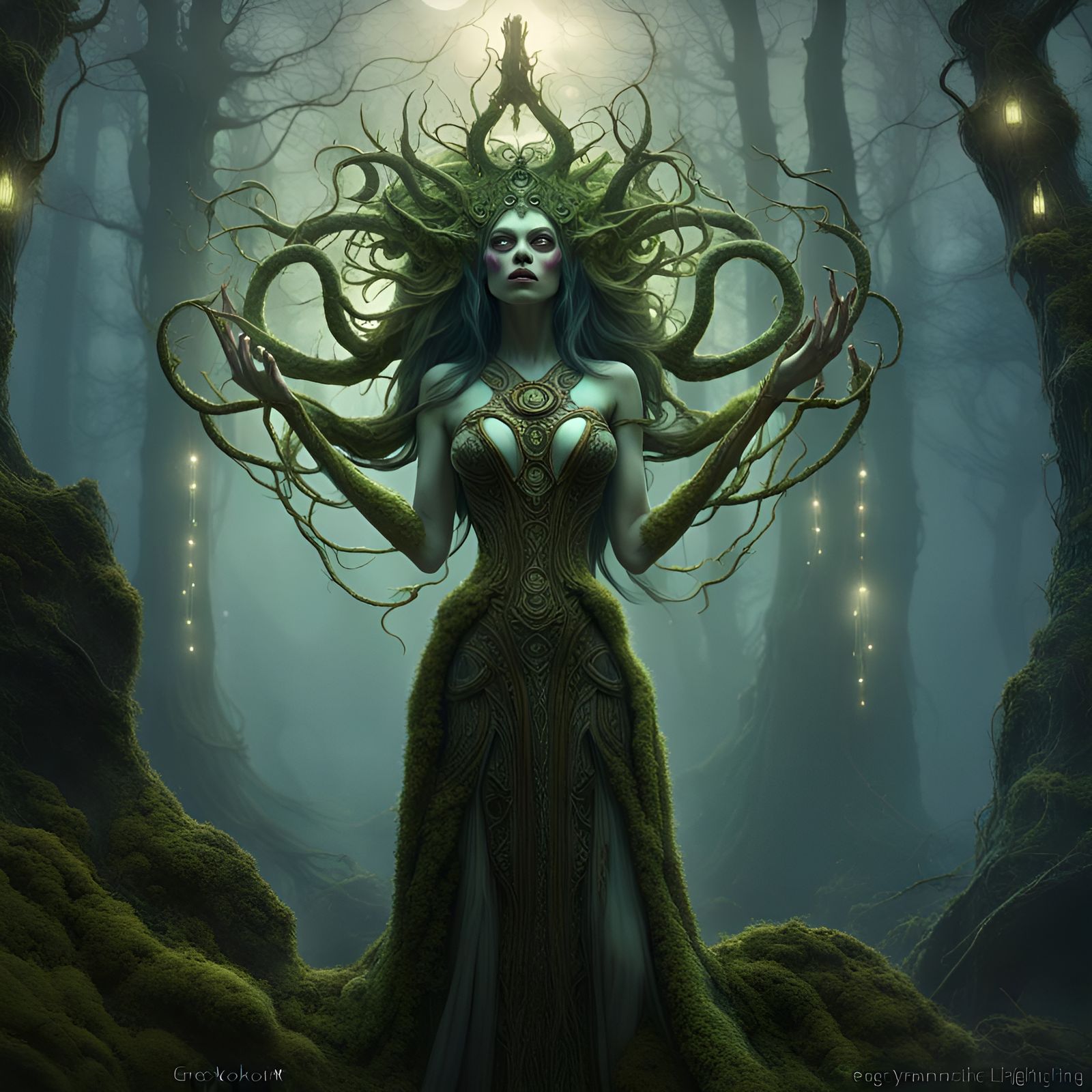 Mossy Goddess Melds with Nature in Art Nouveau Style