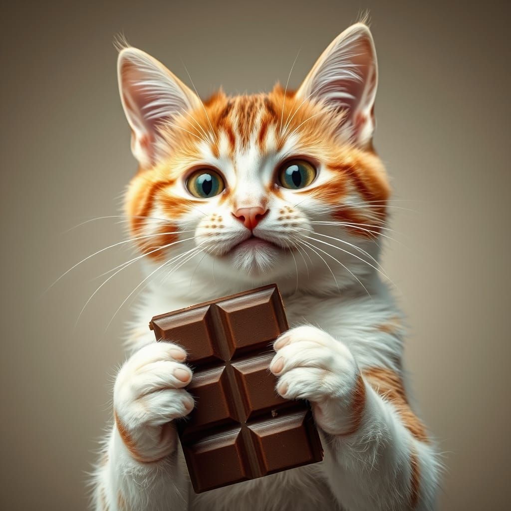 Cat Holding Chocolate Bar Advertising Photo