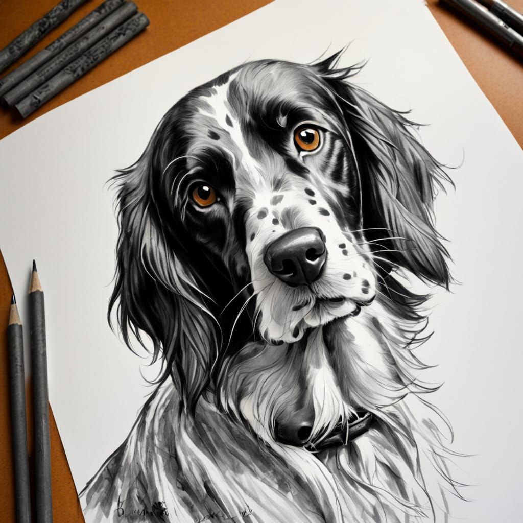 Surreal English Setter Study in Impressionist Charcoal
