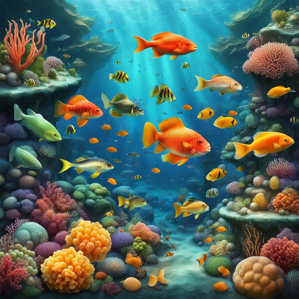 Vibrant Underwater Kingdom of Fruits and Vegetables