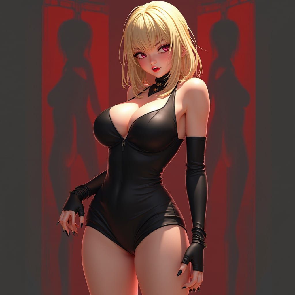 Anime-Inspired Beauty with Voluptuous Figure and Vampire Fan...