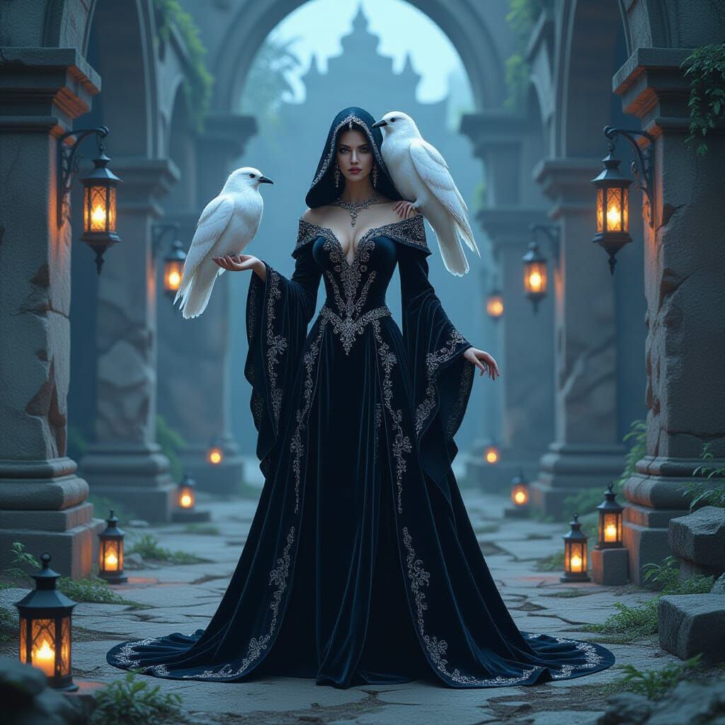 Enchanting Sorceress in Abandoned Temple Courtyard