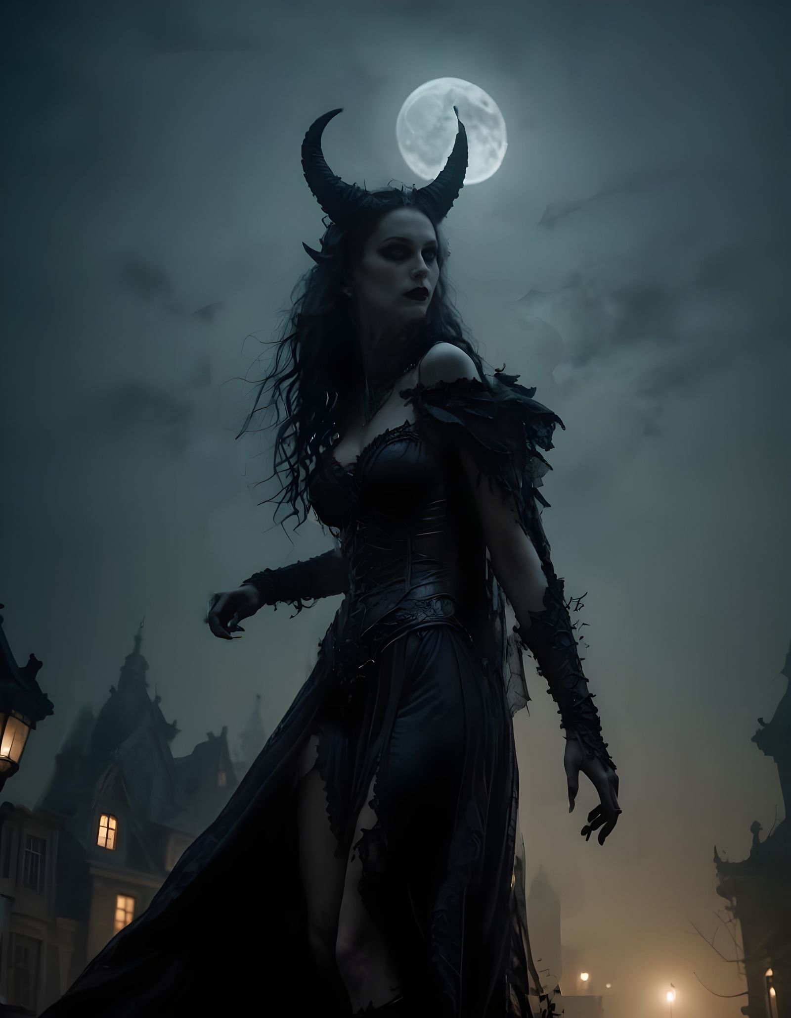 Night Demoness Stalks in Hyperreal Horror Photo