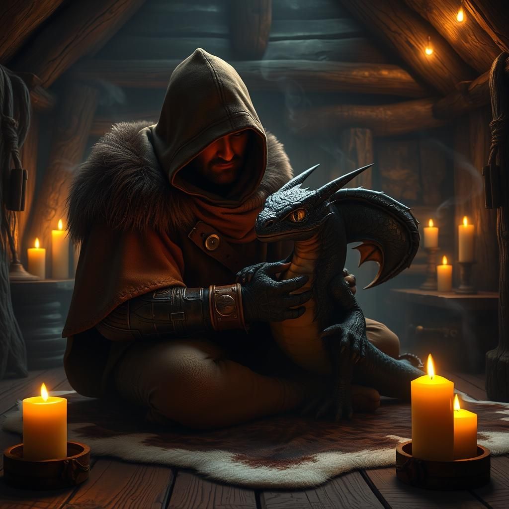 Hunter Cuddles Dragon in Cozy Fantasy Hut