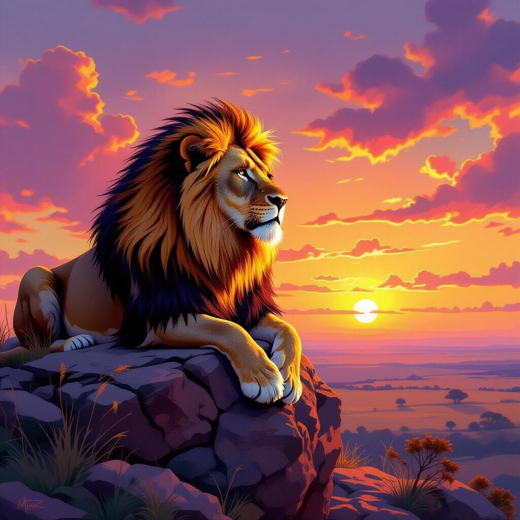 Lion with Tribal Markings at Sunset, Art Nouveau Style