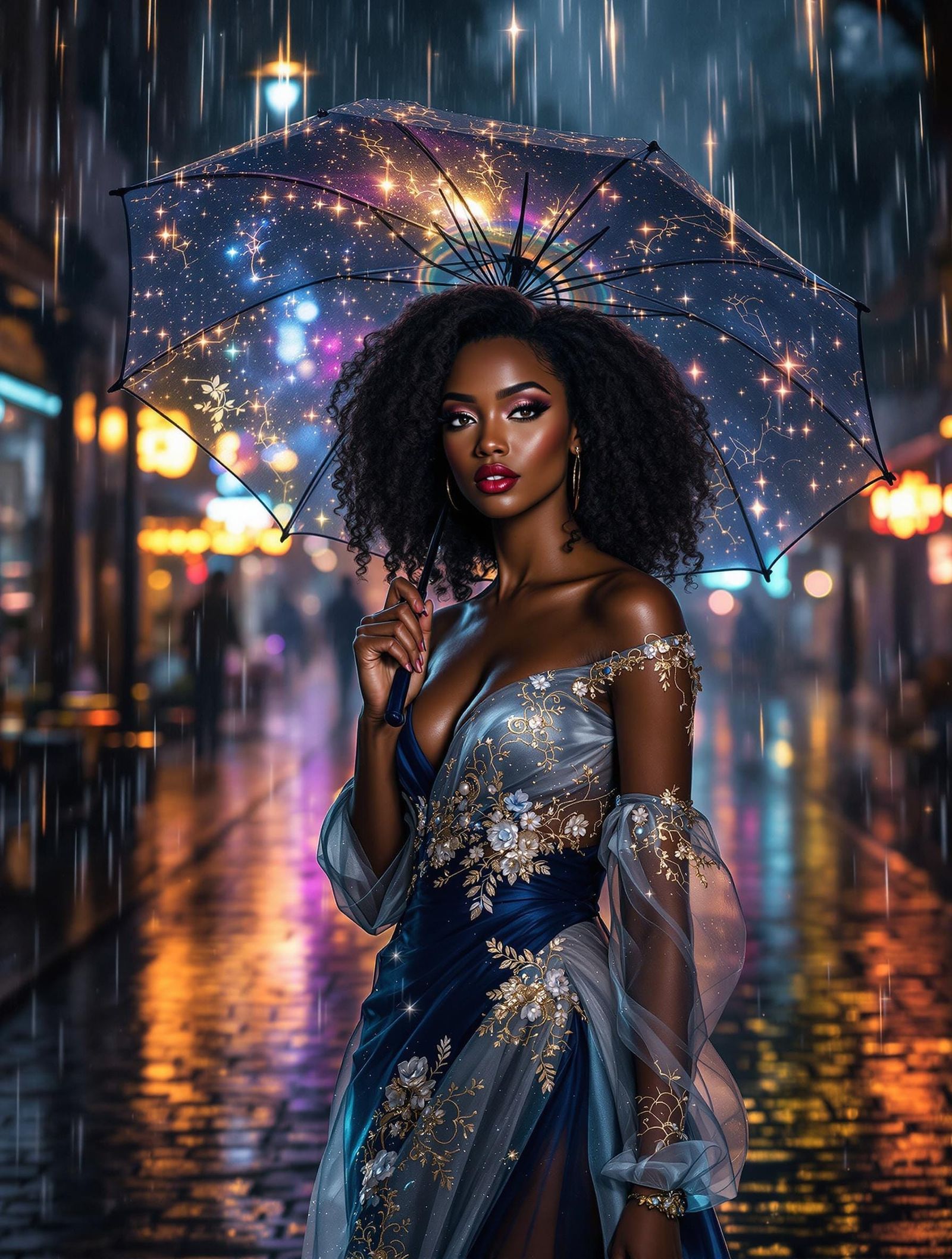 African Goddess Shines under City Lights