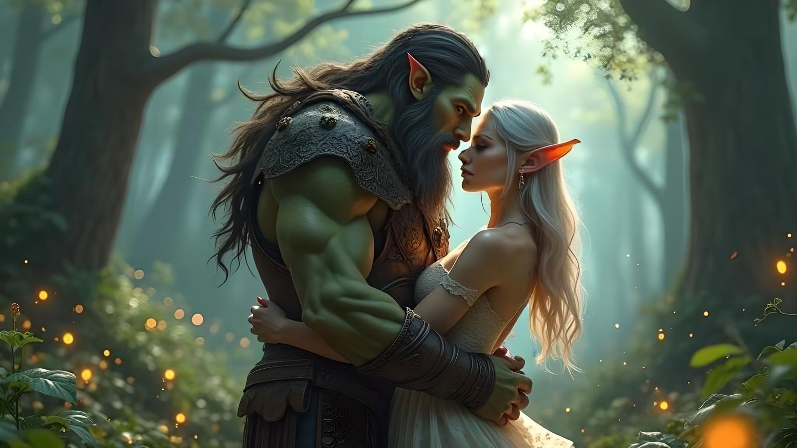 Orc and Elf Embrace in Anime-Inspired Forest