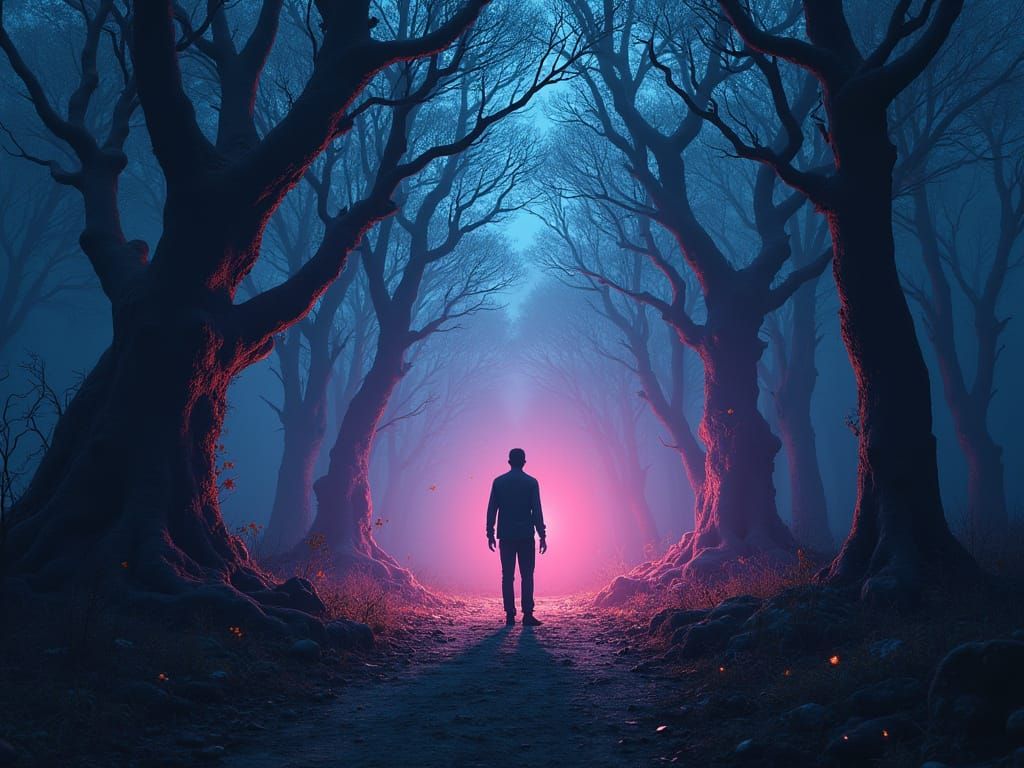 Contemplative Figure in a Mystical Forest Landscape