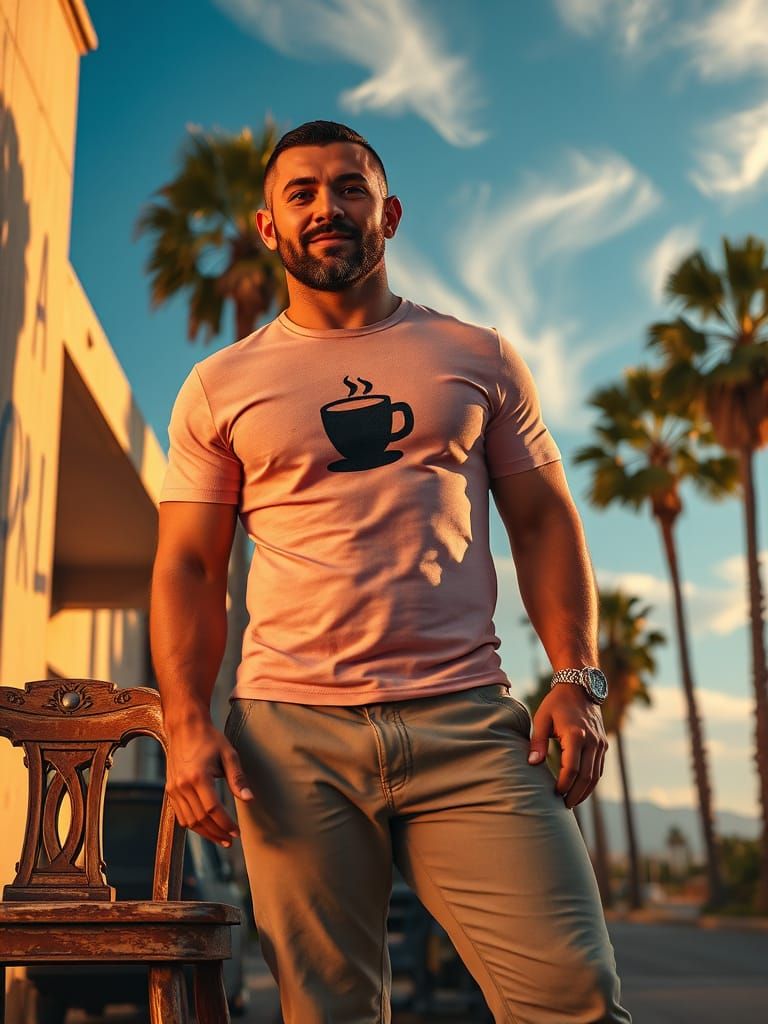Chiseled Bear-Man in Coffee Tee, Embracing Laid-Back Eleganc...