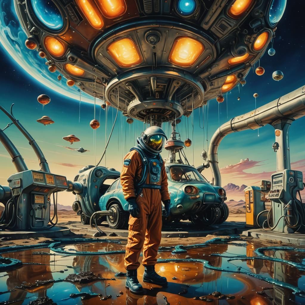 Surreal Alien Gas Station Attendant Fuels Spaceship