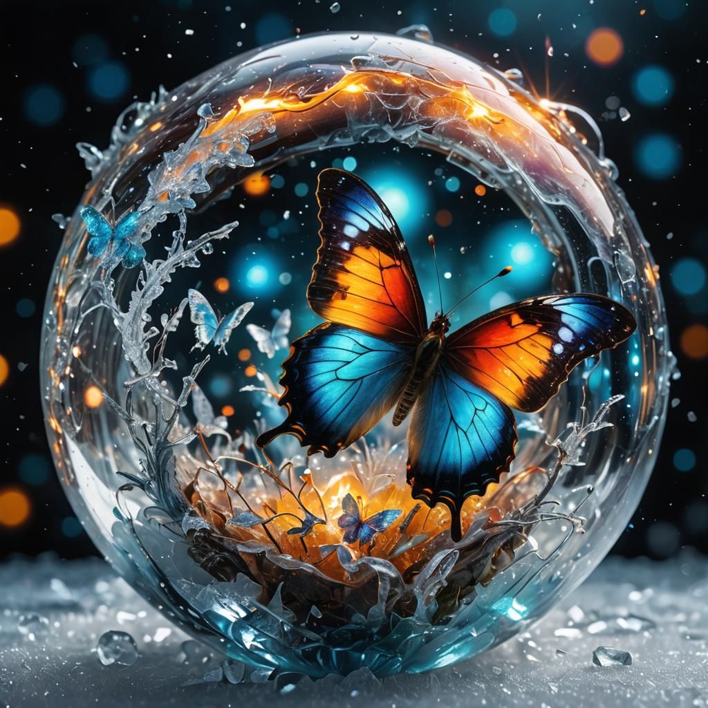 Glowing Butterfly Trapped in Frozen Glass Orb