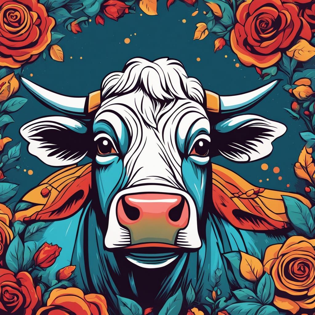 Cartoon Bull Brings Roses to Cow in Whimsical Meadow Scene