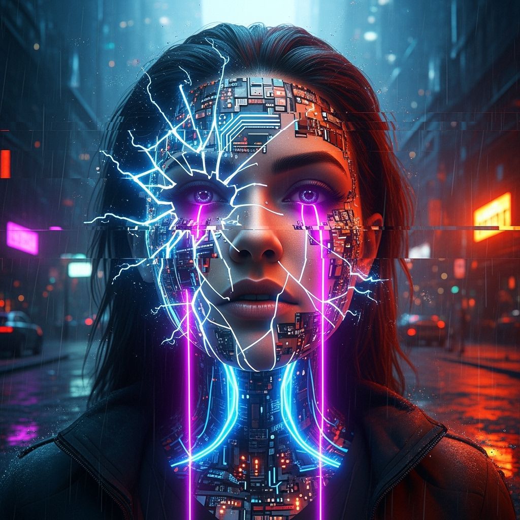 Shattered Cyberpunk Portrait with Glowing Circuits
