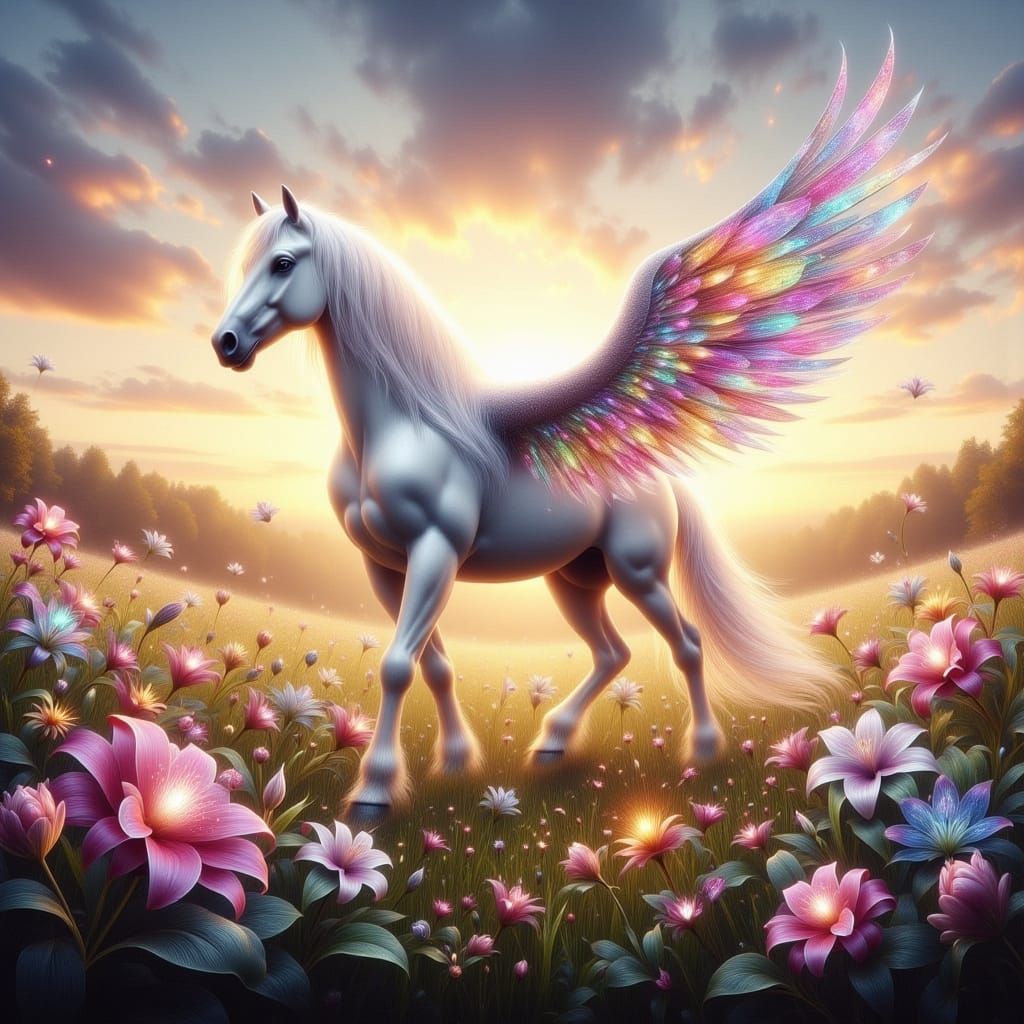 Majestic Pegasus Flies Over Enchanted Flower Field