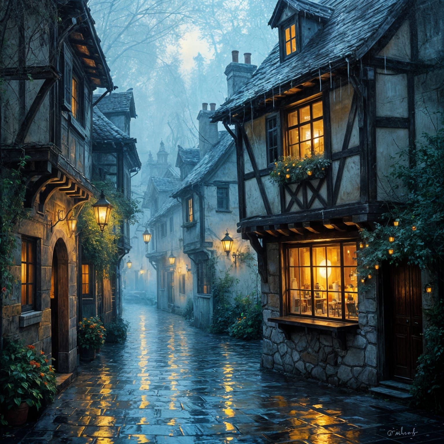 Impressionist Tavern Window on Rainy Night