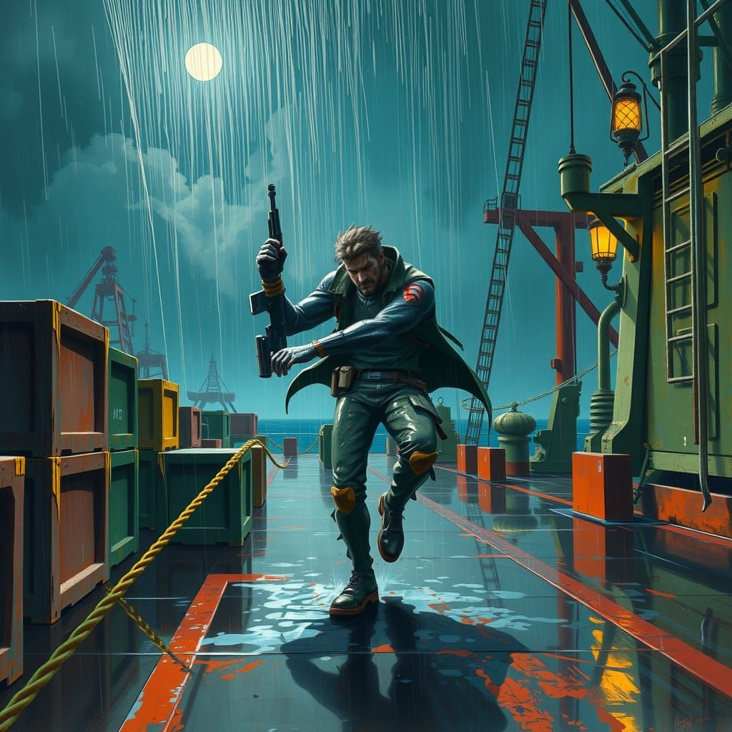 Solid Snake Dances Under Rainy Night Skies in Dark, Intricat...