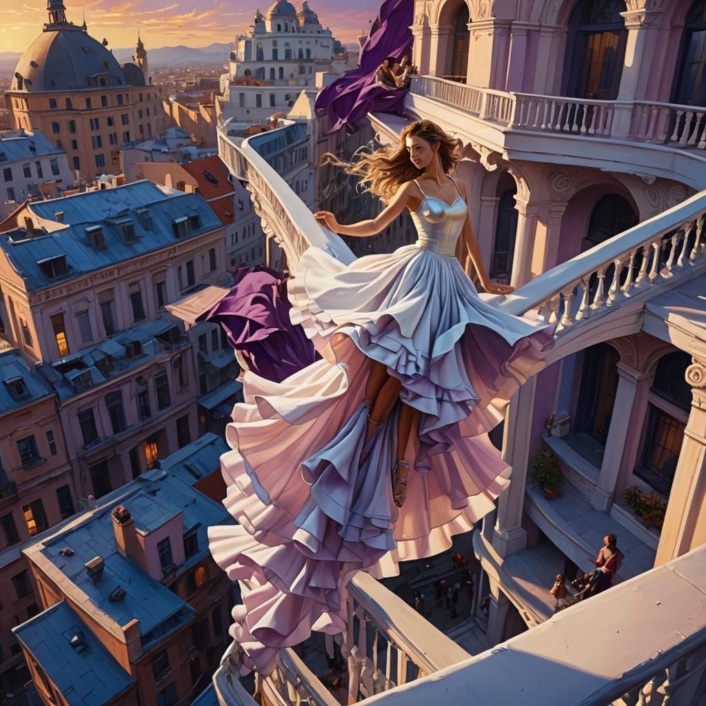 People Falling from Bending Balcony in Fantasy Art
