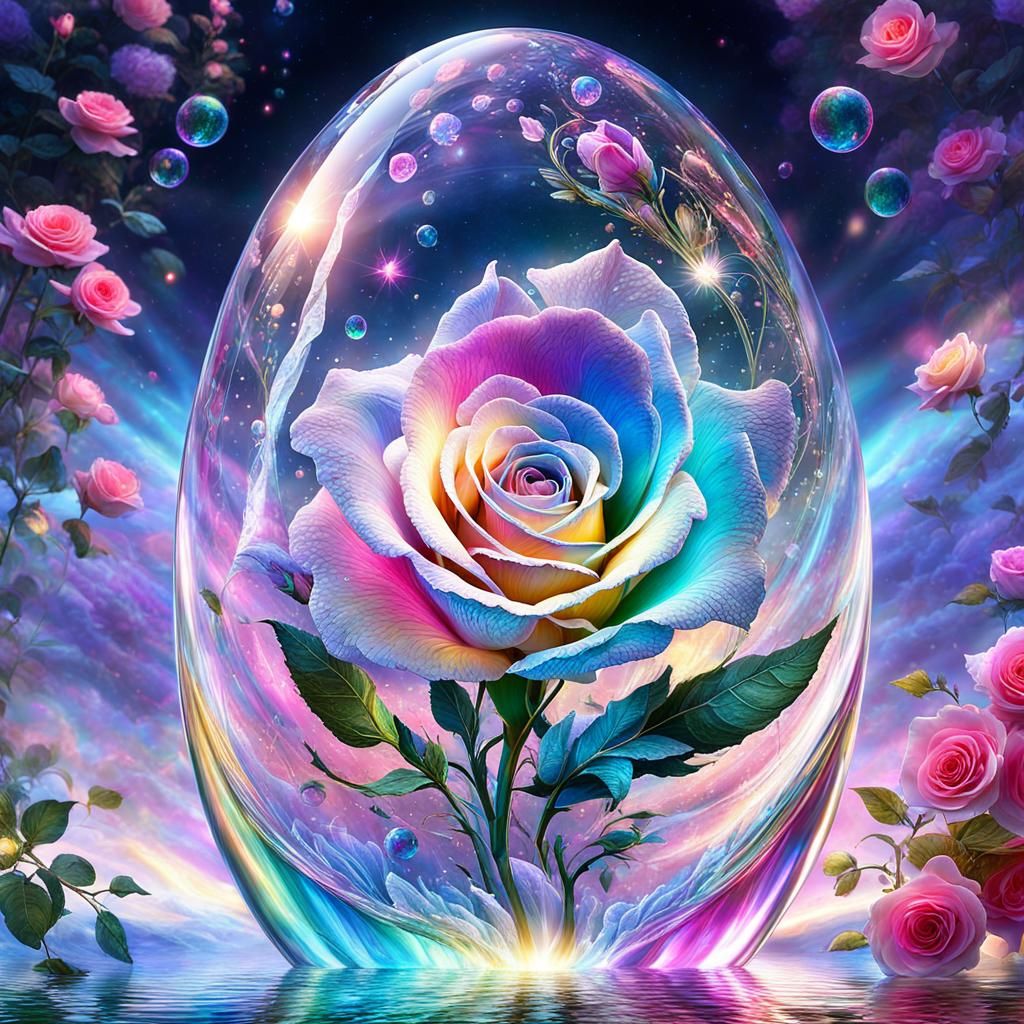 Luminous Roses in Bubble with Iridescent Effect
