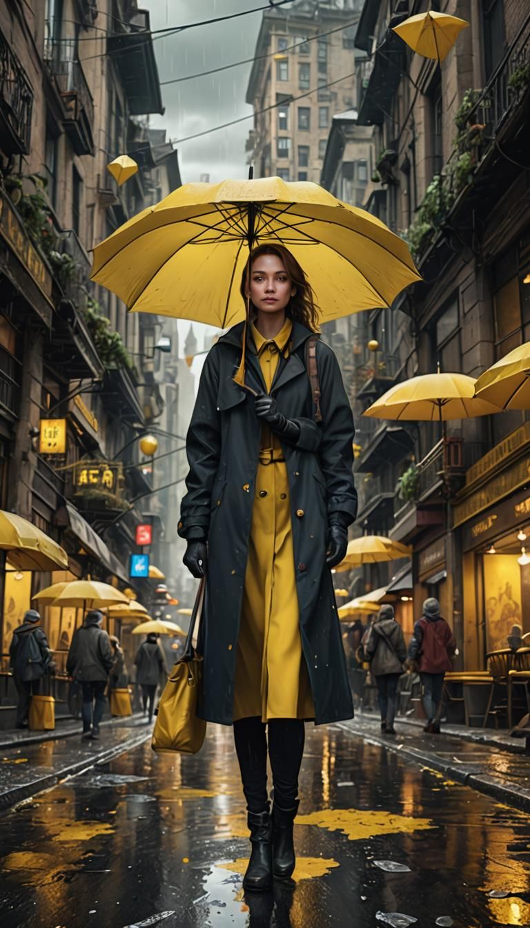 Woman with Yellow Umbrella in Cityscape