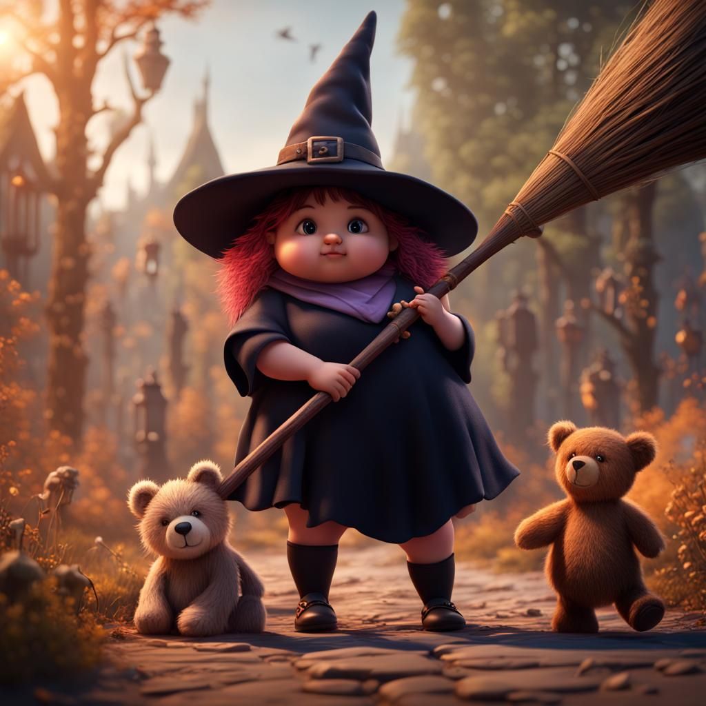 Chubby Witch Protected by Giant Stuffed Bear