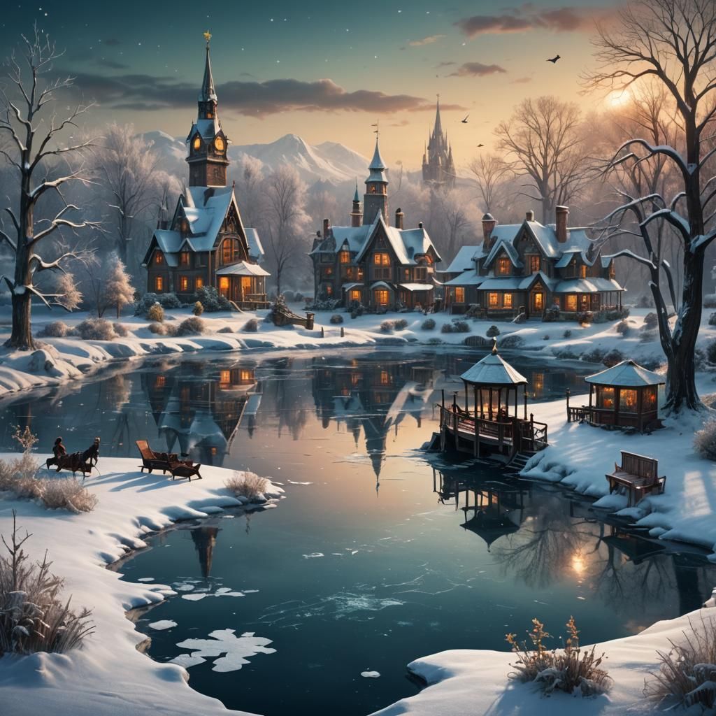 Victorian Christmas Postcard Scene around Frozen Pond