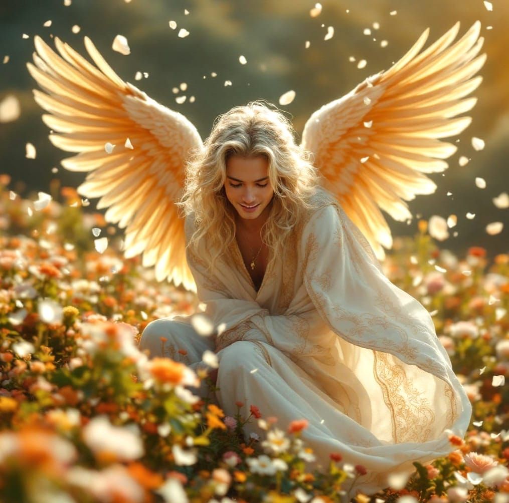 Ethereal Angel Descends Amidst Blooming Flowers