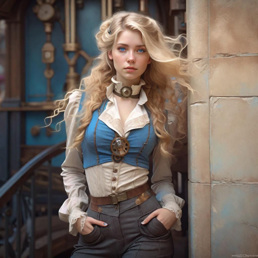 Beautiful Young Women in Belle Epoque clothes in a Steampunk world
