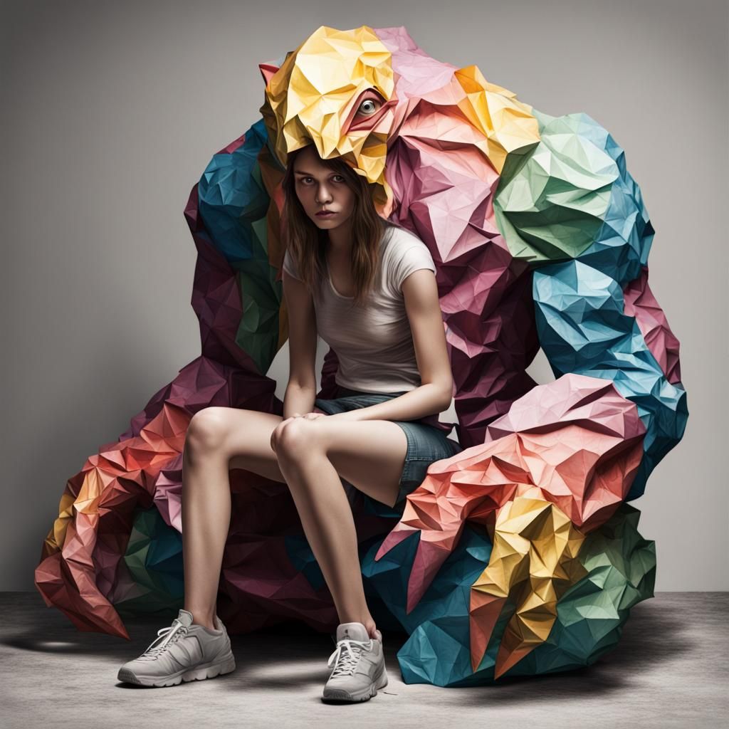 Photorealistic Crumpled Paper Monster with Girl