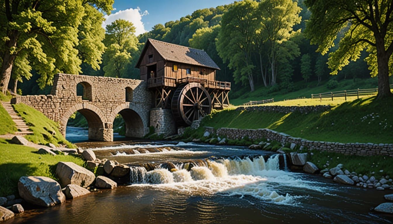 Medieval Waterwheel Bridge in a Wooded River Valley