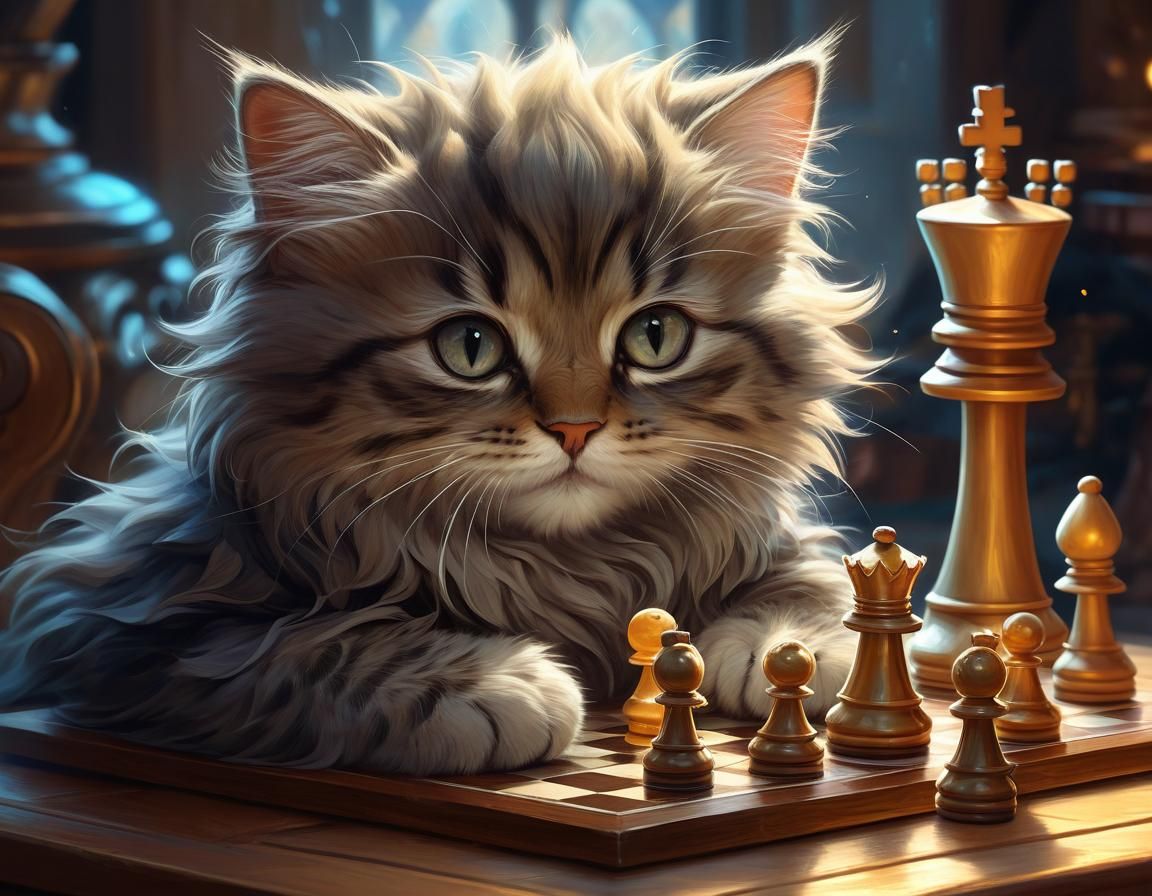 Fluffy Kitten Plays Chess: Digital Art Illustration