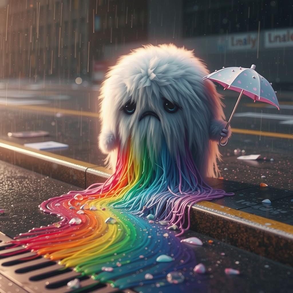 Faded Rainbow Dissolving in Rainy Street Scene