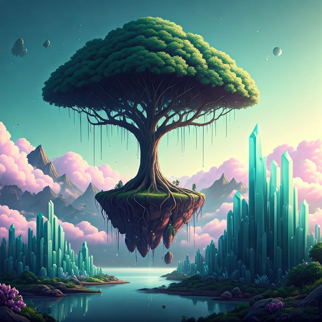 Surreal Floating Island Landscape with Crystal Lakes