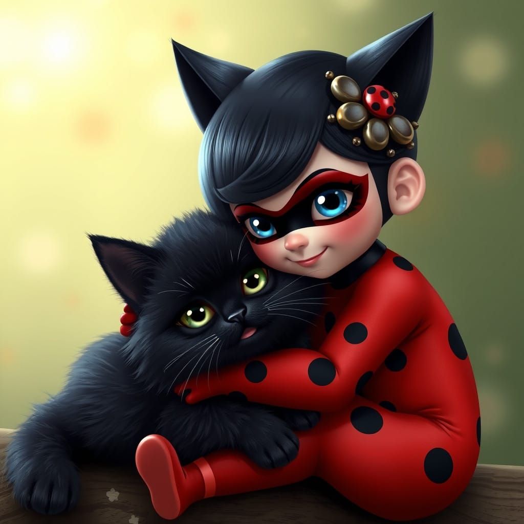 Ladybug and Feline Friend in Whimsical Digital Art